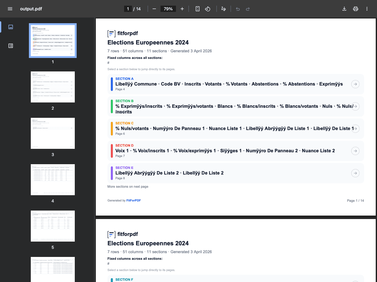PDF generated from European Election Results 2024 data by fitforpdf — 50 columns split into 4 sections